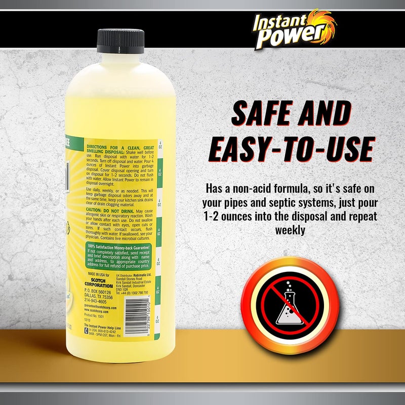 Instant Power Disposal and Drain Cleaner - Liquid Enzyme Clog Remover, Cleans and Deodorizes, Removes Drain Blockages, Fresh Lemon Scent, 33.8 Fl oz, 1 Liter - Image 4